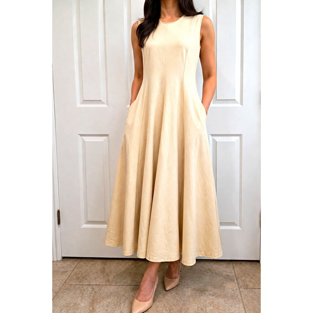 Uniqlo x Theory Women's Beige Sleeveless Round Neck A-Line Midi Dress L